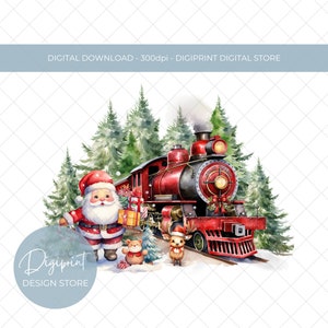 Treno di Natale rosso sublimazione png, treno della Lapponia PNG, sacco di Babbo Natale, download digitale istantaneo, clipart di Natale, clipart vacanze
