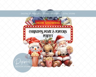 Christmas Movie, Movie & popcorn, Santa sublimation design, Instant Digital Download, Christmas Clipart, Holiday Clipart, sublimate, 2 files