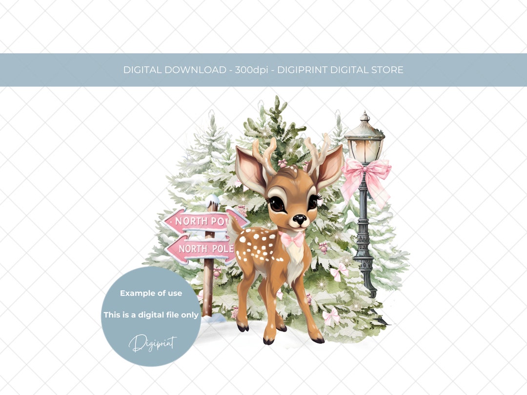 North Pole Cute Reindeer Digital PNG Pink Christmas Reindeer Graphic ...