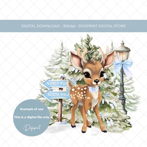 Polo Nord carina renna digitale PNG, Grafica renna di Natale blu, Clipart renna di Natale carina, Immagine della vigilia di Natale per neonato PNG