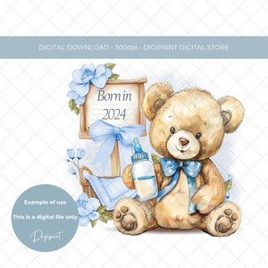 Né en 2024 bébé garçon nounours aquarelle sublimation PNG, nouveau design de carte de bébé garçon, nouveau bébé transfert impression numérique, impression chambre d'enfant PNG