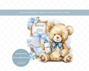 Born in 2024 baby boy watercolour teddy sublimation PNG, New baby boy card design,  New baby transfer digital print, nursery print PNG