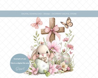 ヴィンテージイースターエッグ木製十字架PNG、赤ちゃん用ピンクイースターバニー画像（デジタルダウンロード）