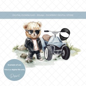 Ours avec graphique de téléchargement numérique de quad, transfert par sublimation d'ours PNG, téléchargement de fête des pères d'ours en peluche, clipart quadbike de sport automobile