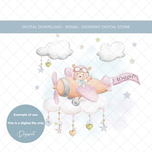 New baby girl watercolour aeroplane PNG, New baby girl card design, New baby digital print, nursery keepsake PNG, it&#39;s a girl digital print