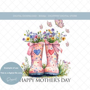 Botas de agua y flores para el jardín de primavera Feliz Día de la Madre descarga instantánea digital clipart PNG Diseño de sublimación Mamá Mamá Tarjeta del Día de la Madre gráfico