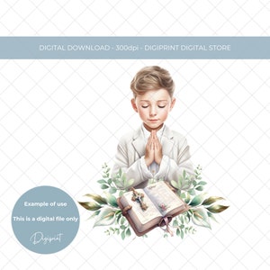 Primera comunión PNG, imagen de la primera comunión de los niños, diseño de sublimación de la santa comunión, corona floral de eucalipto, rosario, biblia.