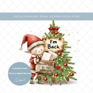 Kerstelf I'm back digitale png-kerstafbeelding, schattige kerstelf clipart, kerstelf sublimatieontwerp voor afdrukoverdracht