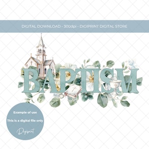 Baptism clipart PNG, Baptism sublimation digital download, Baptism image for cardmaking, Baptism religious image with church and bible PNG