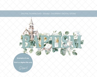 Baptism clipart PNG, Baptism sublimation digital download, Baptism image for cardmaking, Baptism religious image with church and bible PNG