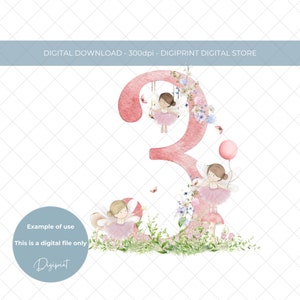 Bébés troisième anniversaire numéro trois 3ème image d’anniversaire, Filles 3ème anniversaire sublimation PNG clipart téléchargement numérique, clipart fée des bois