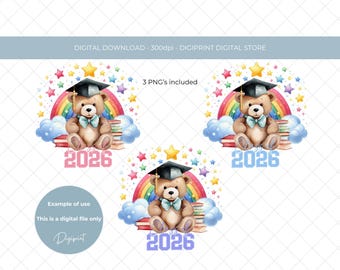 2026年卒業記念テディベアPNG画像、レインボー昇華プリントデザイン（デジタルダウンロード）