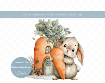 イースターのにんじんハウスのウサギのクリップアート、水彩ウサギの昇華PNG（デジタルダウンロード）