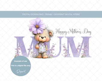 母の日おめでとうフローラルPNG、ママベア昇華デザイン（デジタルダウンロード）
