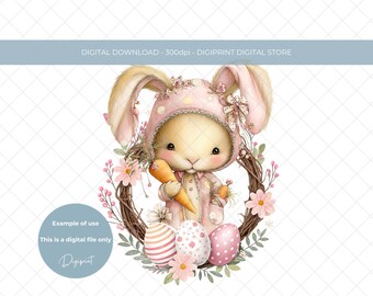 水彩イースターバニーリース PNG、花柄卵デザイン（デジタルダウンロード）