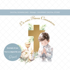 Prima Comunione PNG, La mia prima comunione ragazzo prima comunione immagine digitale, rosario, calice, download immediato della Bibbia