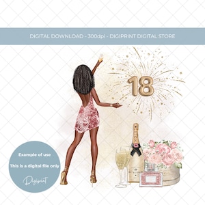 18. Geburtstag Champagner und Blumen Design für Afro Mädchen PNG, Mädchen 18. Geburtstag Sublimation Clipart Digitaldruck, 18. Geburtstag für Karte