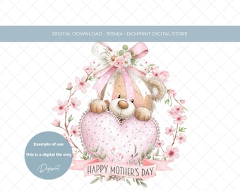 母の日ピンクの花輪テディベアのクリップアート、花のコケットリボンPNG（デジタルダウンロード）