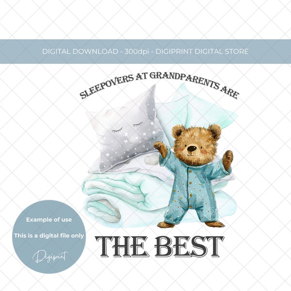 Sleepovers at Grandparents are the best, boys sleepover teddy transfer image, blue boy birthday sublimation PNG digital download, pj image