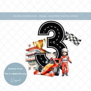 Voiture de course d'anniversaire de garçons PNG, image d'anniversaire de garçon de 3 ans, téléchargement numérique de voiture de course d'anniversaire, conception de sublimation de clipart d'anniversaire de garçons de 3 ans