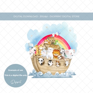 Noah&#39;s ark watercolour sublimation design, Baptism, Christening, Naming Day card design,  Noah&#39;s ark animals and rainbow digital download
