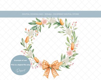 イースターエッグとニンジンの花輪 PNG、オレンジ色のチェック柄のリボンのクリップアート（デジタルダウンロード）