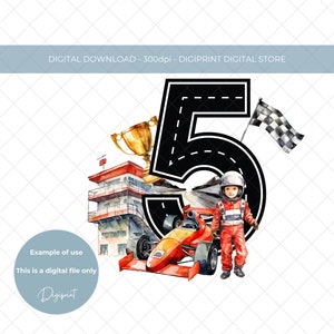 Anniversaire de voiture de course pour garçons PNG, image d'anniversaire de garçon de 5 ans, téléchargement numérique de voiture de course d'anniversaire, conception de clipart sublimation d'anniversaire de garçons de 5 ans