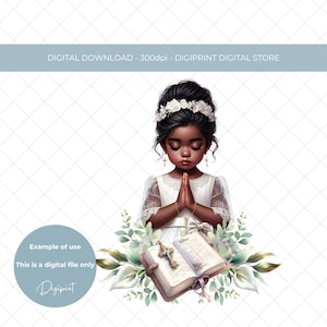 Primeira comunhão PNG, menina de cor imagem da primeira comunhão, sublimação da sagrada comunhão PNG, coroa floral de eucalipto, rosário
