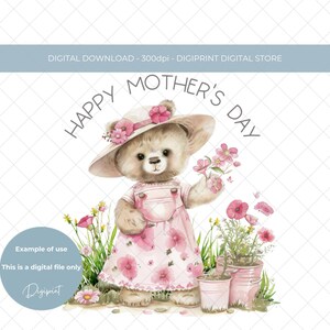 Jardim de primavera ursinho de pelúcia e flor Feliz Dia das Mães download instantâneo digital clipart PNG Design de sublimação Mãe Mãe Cartão de dia das mães gráfico