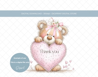 感謝の気持ちを表すピンクのハートのクリップアート、テディベアのハート（デジタルダウンロード）
