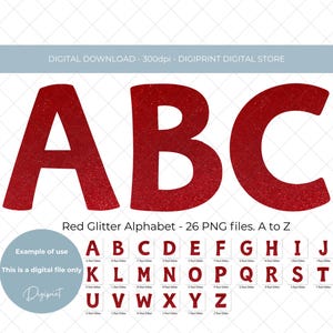 Puede incluir: Alfabeto rojo con purpurina, con las letras A, B y C en mayúsculas. El alfabeto completo se muestra en cuadrados más pequeños debajo. El texto dice "Red Glitter Alphabet - 26 PNG files. A to Z".