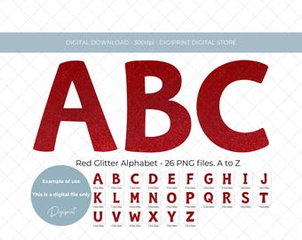 レッドグリッターアルファベット：AからZまでの26個のPNGファイル（デジタルダウンロード）
