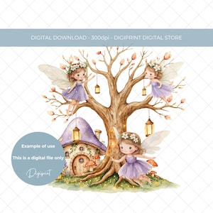 Jardin de fées numérique clipart PNG, conception de clipart anniversaire fée, maison de fée des bois lunatique Téléchargement instantané numérique UVDTF