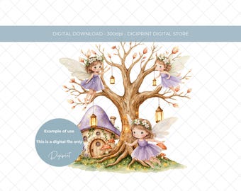 Fairy garden digital clipart PNG, fairy birthday clipart design, whimsical woodland fairy house digital instant download sublimation UVDTF