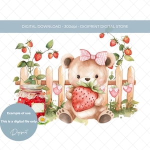 Campos de morango urso de verão digital transparente PNG clipart, urso de morango criança aniversário sublimação criação imagem, festa de morango