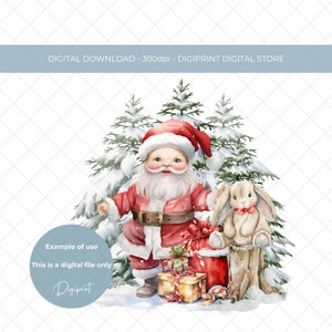 Immagine clipart Babbo Natale con giocattoli a trasferimento digitale, bosco, scena di Babbo Natale PNG per stampa grafica a sublimazione per scatola della vigilia di Natale PJ bambino