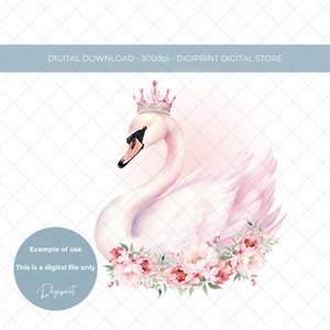 Cigno con clipart corona, Cigno con immagine di trasferimento a sublimazione con display floreale, immagine del cigno per la realizzazione di cartoline e trasferimento di abbigliamento, PNG digitale