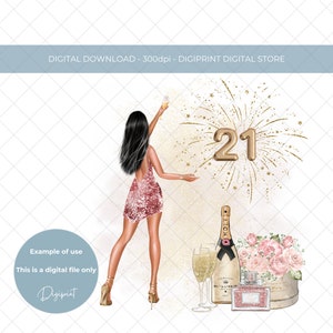 Ontwerp 21e verjaardag champagne en bloemen voor meisje png, meisjes 21e verjaardag sublimatie clipart digitale download, feestvarken zwart haar