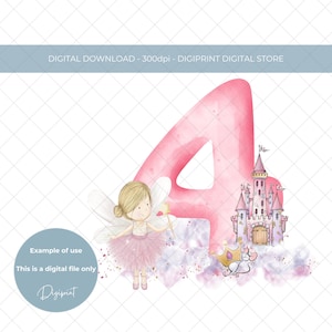 Image bébé 4e anniversaire numéro quatre anniversaire, 4e anniversaire filles sublimation PNG clipart téléchargement numérique, clipart château de princesse de fée