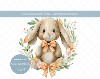 卵とニンジンの花輪をつけたイースターバニーのPNG画像、オレンジ色のチェック柄のリボンのクリップアート（デジタルダウンロード）