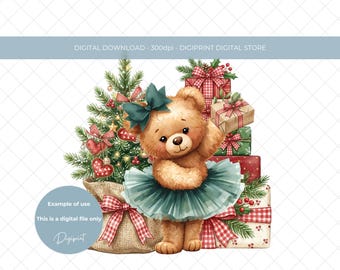 Christmas Watercolour  Tutu Teddy PNG: Holiday Bear Clipart (Digital Download)