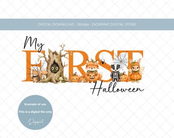 My First Halloween Woodland Animals Pumpkin Design, Autumn Clipart, Sublimation Graphic (Digital Download)