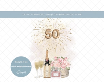 50th birthday champagne and flowers design for girl PNG, Girls 50th birthday sublimation clipart digital download, 50th birthday for card