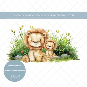 Gráfico de download digital de leão e filhote, transferência de sublimação de leão fofo PNG, aquarela leão pai e bebê imagem do dia dos pais clipart