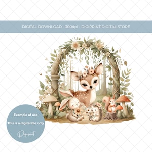 Bos dierenvrienden sublimatie PNG, sprookjestuin wensput afbeelding, verjaardagskaart PNG, dierenkwekerij print, Woodland baby's clipart