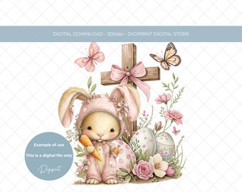 ヴィンテージイースターエッグ木製十字架PNG、赤ちゃん用ピンクイースターバニー画像（デジタルダウンロード）