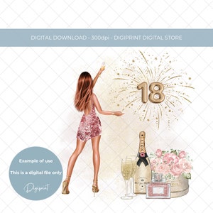 18. Geburtstag Champagner und Blumen-Design für rote Haare Mädchen PNG, Mädchen 18. Geburtstag Sublimation Clipart digitale PNG, 18.Geburtstag für Karte