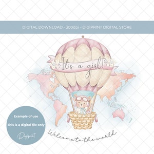 Benvenuti nel mondo PNG per sublimazione del palloncino ad acquerello per bambina, nuovo design della cartolina per bambina, nuova stampa digitale per trasferimento bambino, asilo nido PNG