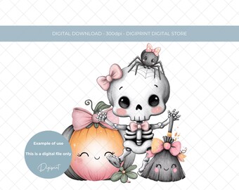 Kokette Stil Halloween digitale Skelett PNG Design, Pink Ribbon Kürbis Süßes oder Saures Box Bild für Kind