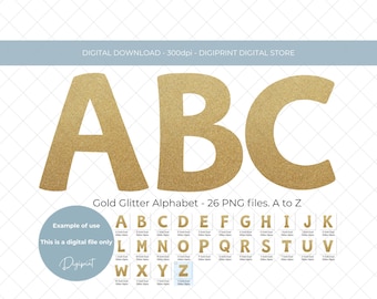 ゴールドグリッターアルファベット：AからZまでの26個のPNGファイル（デジタルダウンロード）